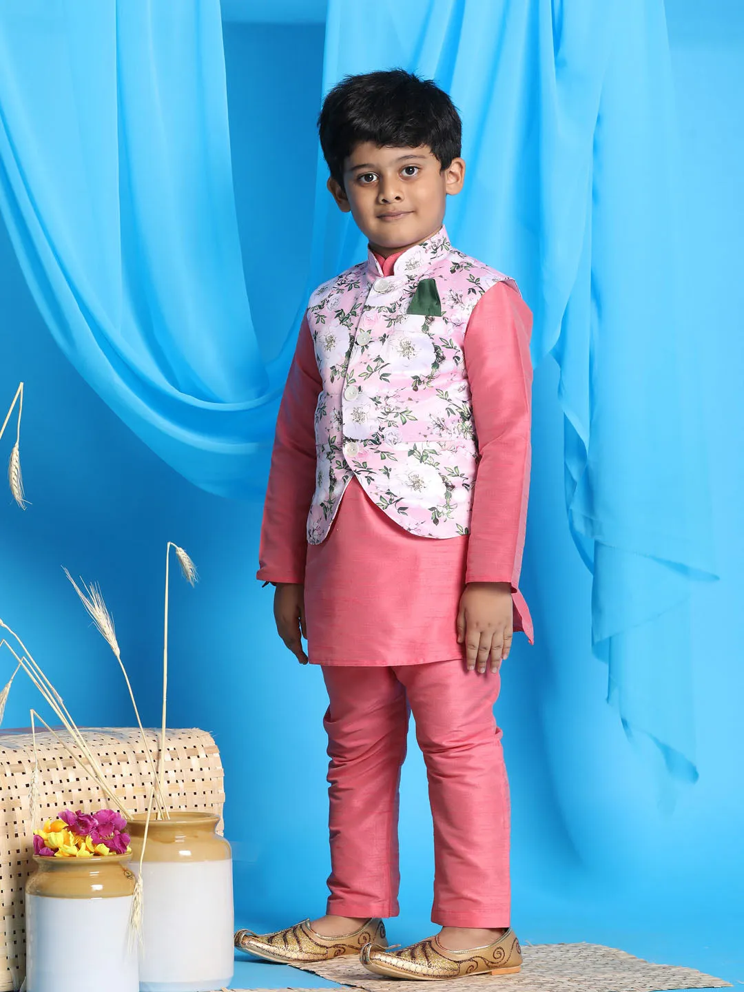 Jashvi Boy's pink Floral Print Jacket With Pink Kurta and Pyjama Set