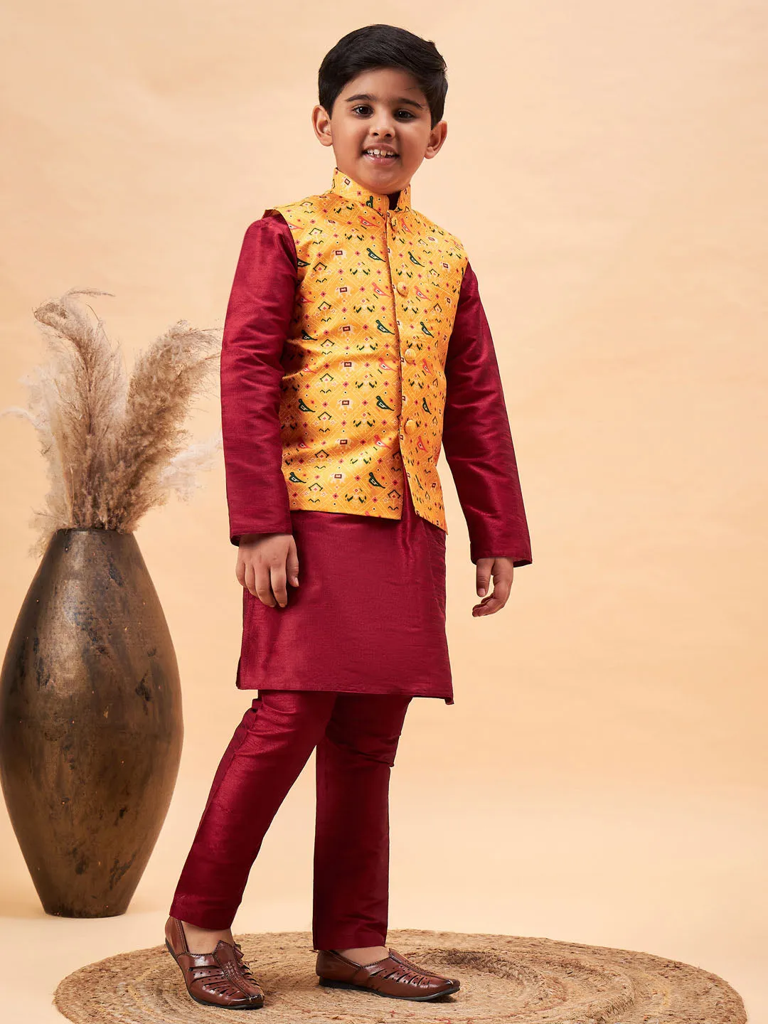 Jashvi Boy's Yellow Ethnic Printed Jacket With Maroon Kurta and Pyjama Set