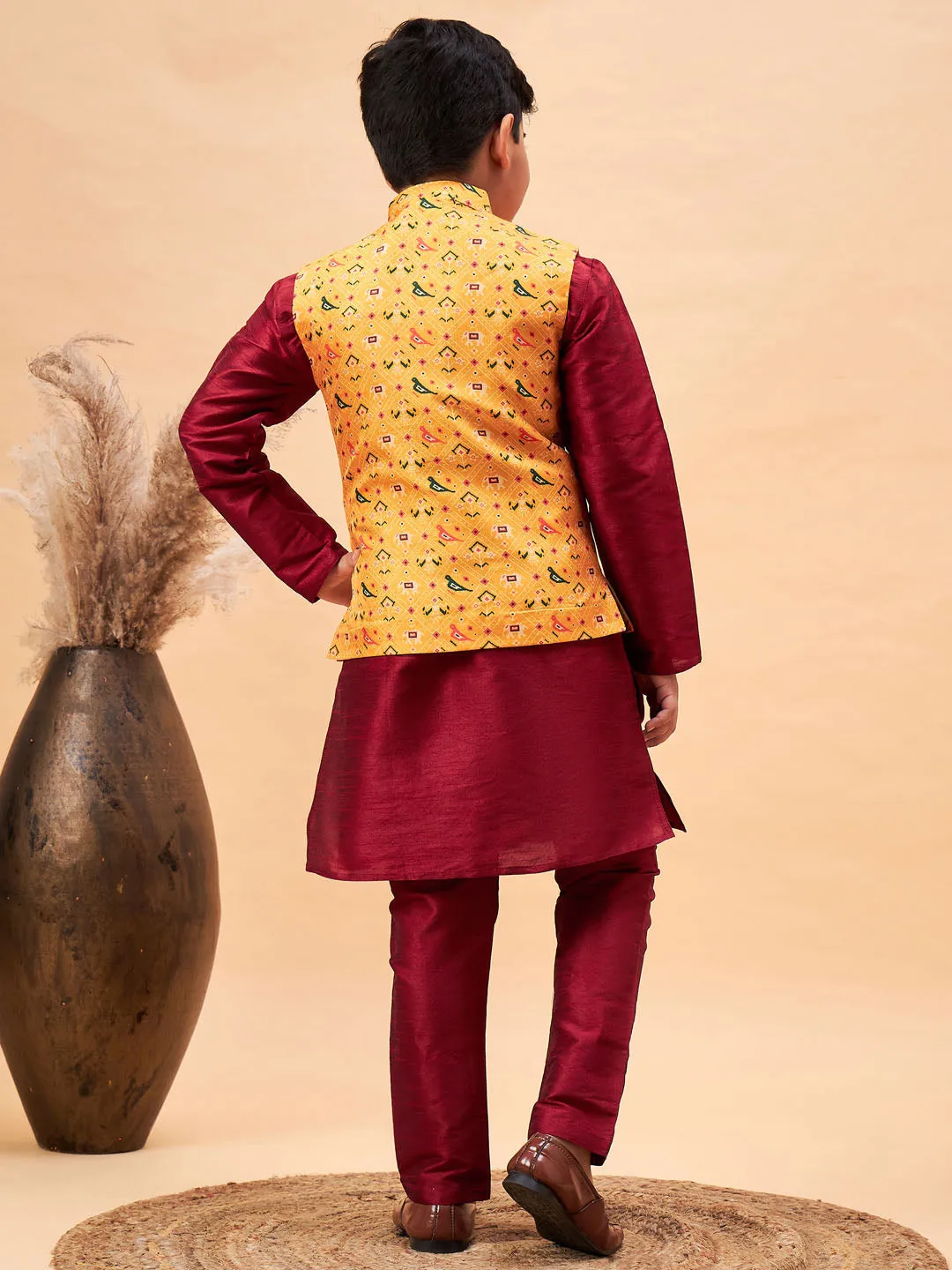 Jashvi Boy's Yellow Ethnic Printed Jacket With Maroon Kurta and Pyjama Set