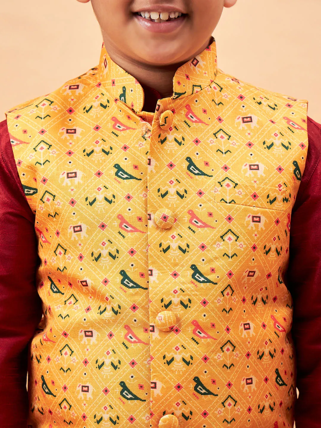 Jashvi Boy's Yellow Ethnic Printed Jacket With Maroon Kurta and Pyjama Set