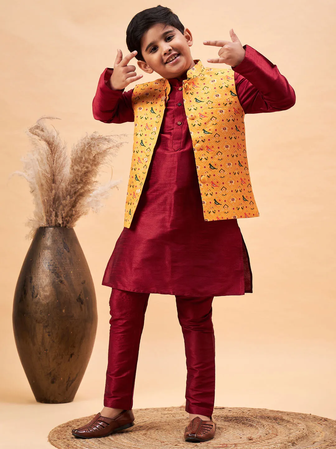 Jashvi Boy's Yellow Ethnic Printed Jacket With Maroon Kurta and Pyjama Set