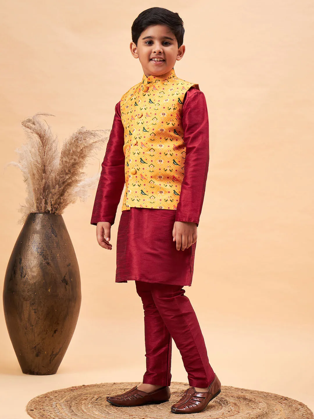 Jashvi Boy's Yellow Ethnic Printed Jacket With Maroon Kurta and Pyjama Set