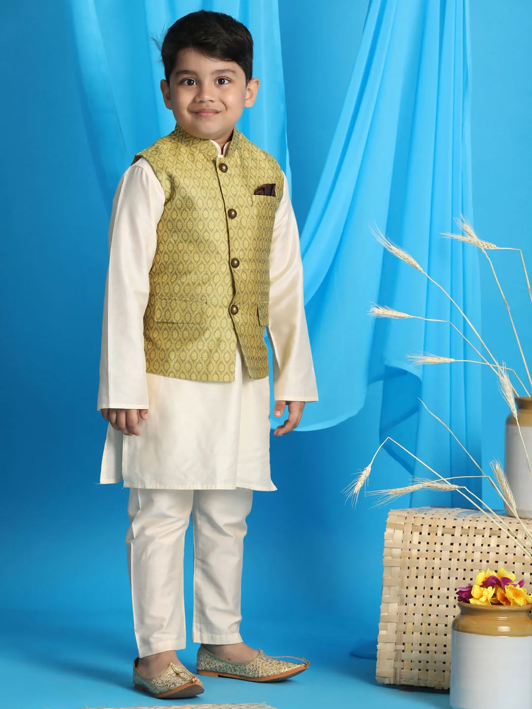 Jashvi Boy's Yellow Woven Jacket With Cream Kurta and Pyjama Set