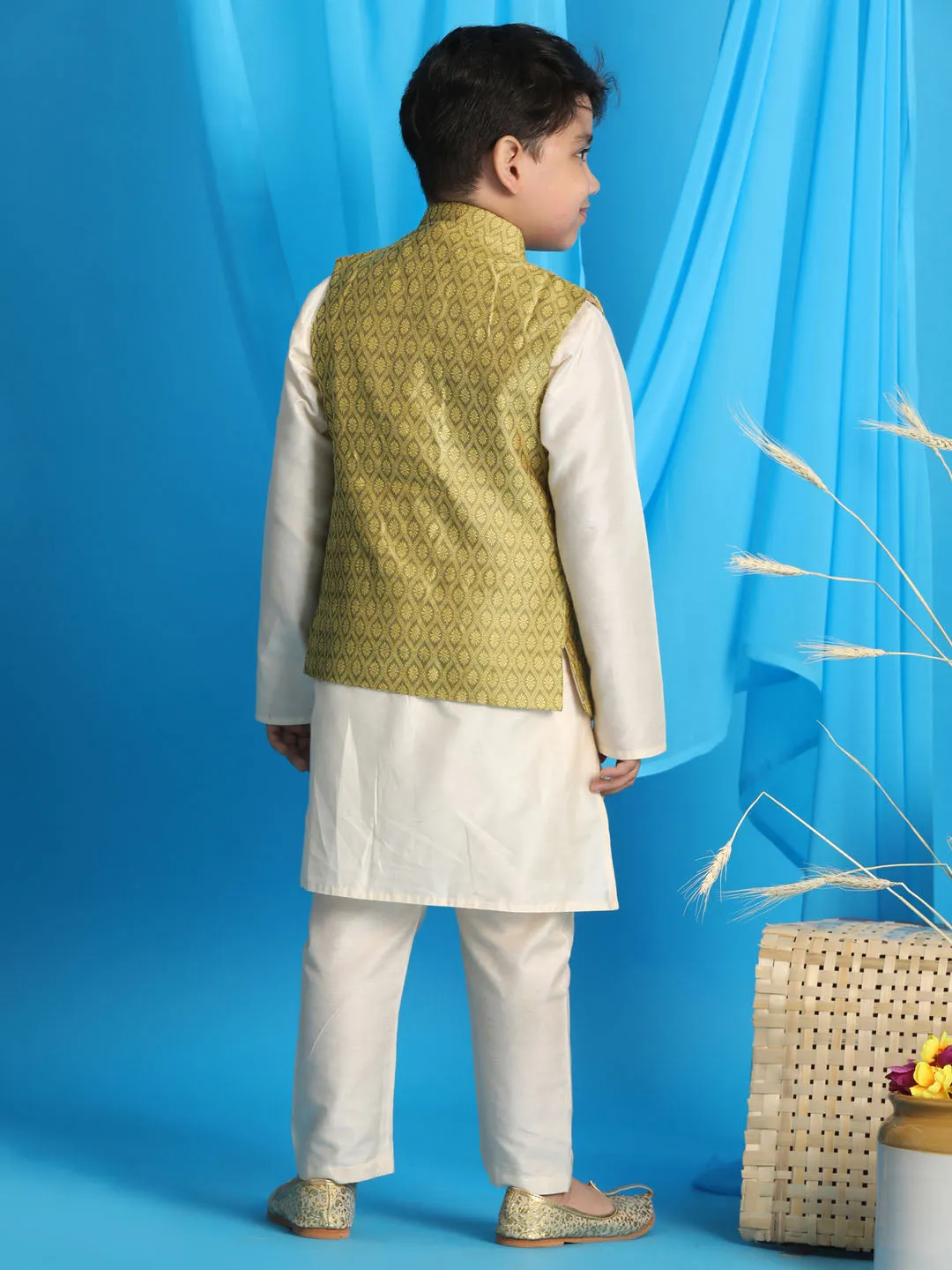 Jashvi Boy's Yellow Woven Jacket With Cream Kurta and Pyjama Set