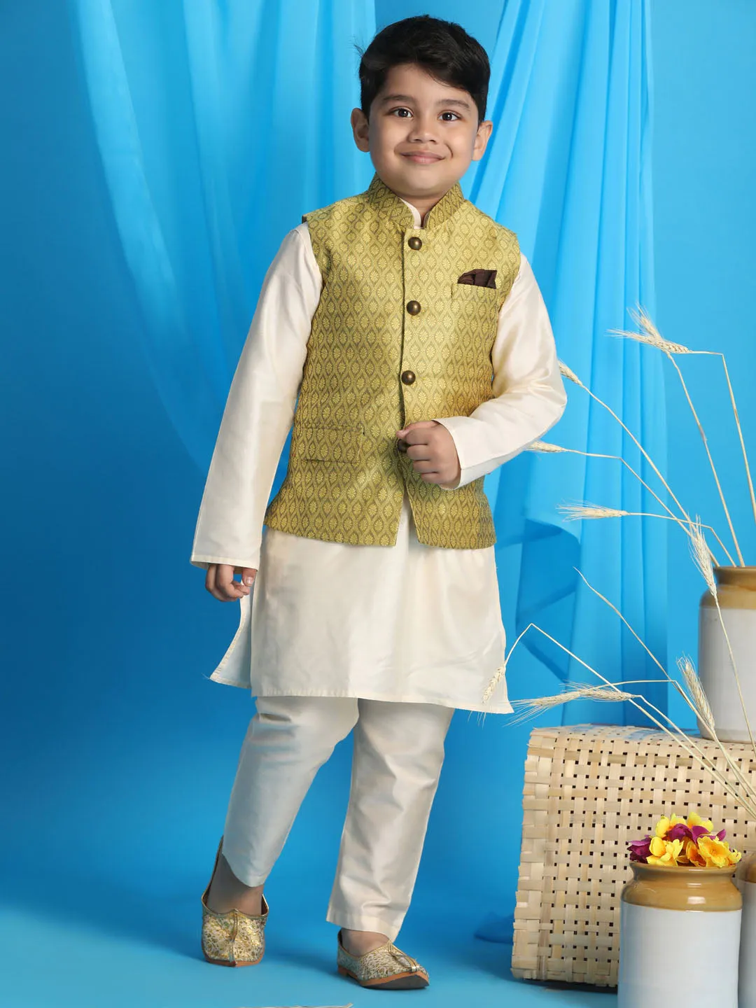 Jashvi Boy's Yellow Woven Jacket With Cream Kurta and Pyjama Set