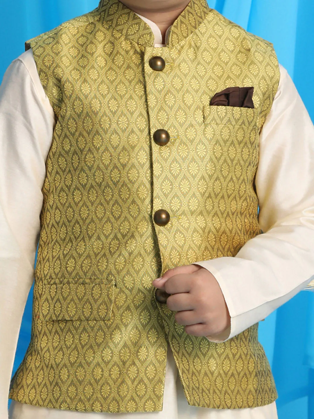 Jashvi Boy's Yellow Woven Jacket With Cream Kurta and Pyjama Set