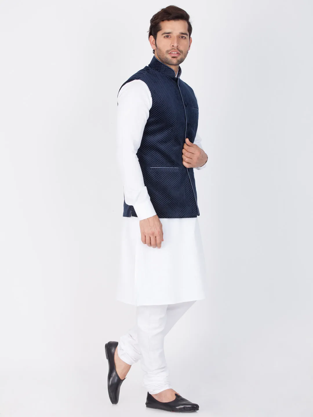 Jashvi Cotton White And Blue Baap Beta Jacket Kurta Pyjama set