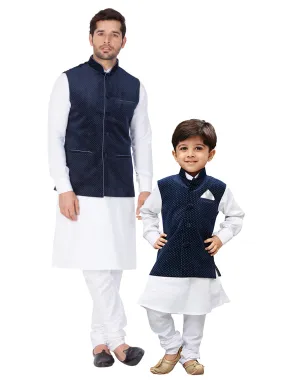 Jashvi Cotton White And Blue Baap Beta Jacket Kurta Pyjama set