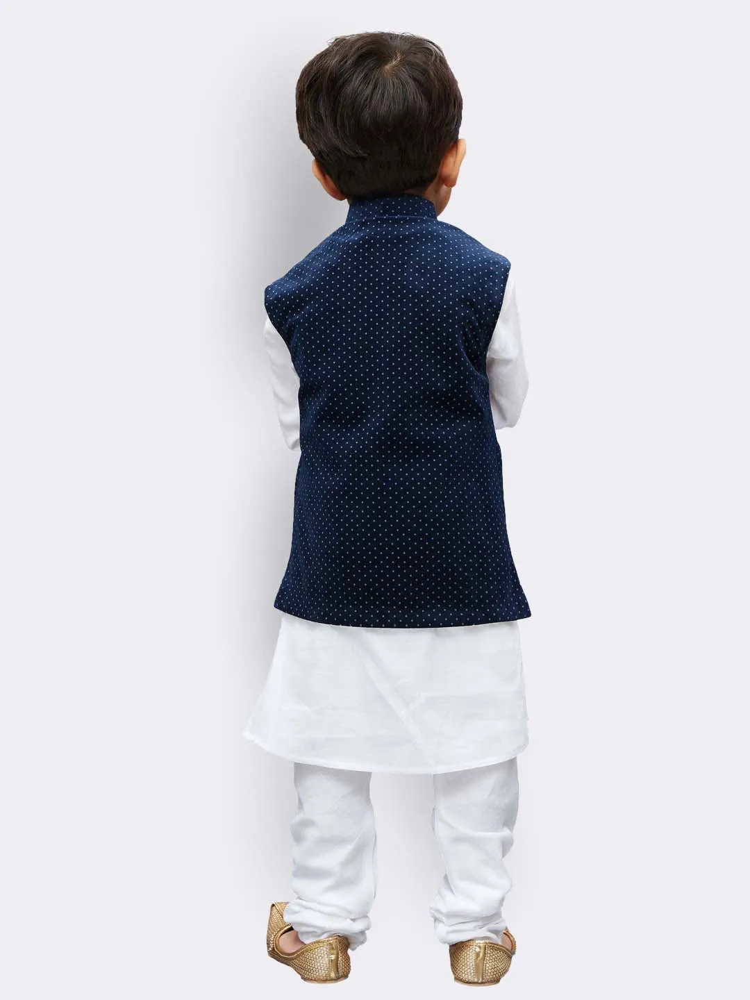 Jashvi Cotton White And Blue Baap Beta Jacket Kurta Pyjama set