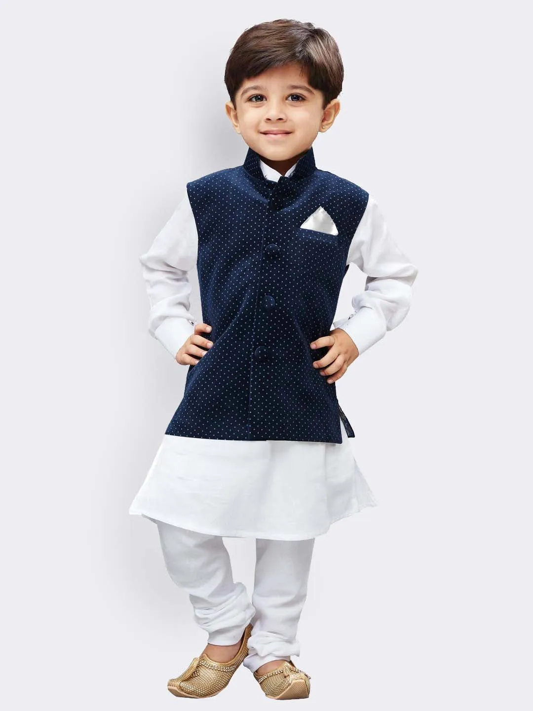 Jashvi Cotton White And Blue Baap Beta Jacket Kurta Pyjama set