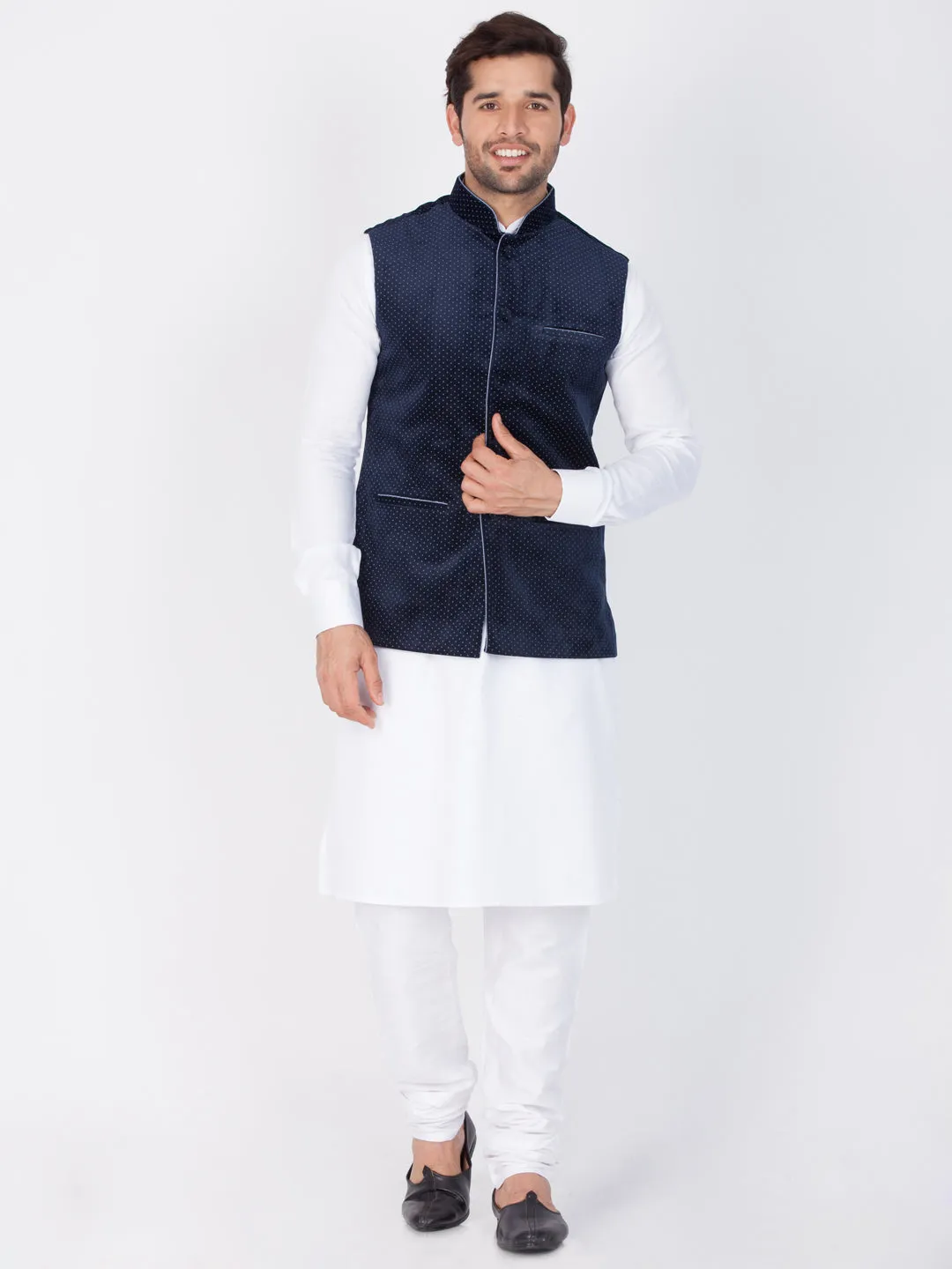 Jashvi Cotton White And Blue Baap Beta Jacket Kurta Pyjama set