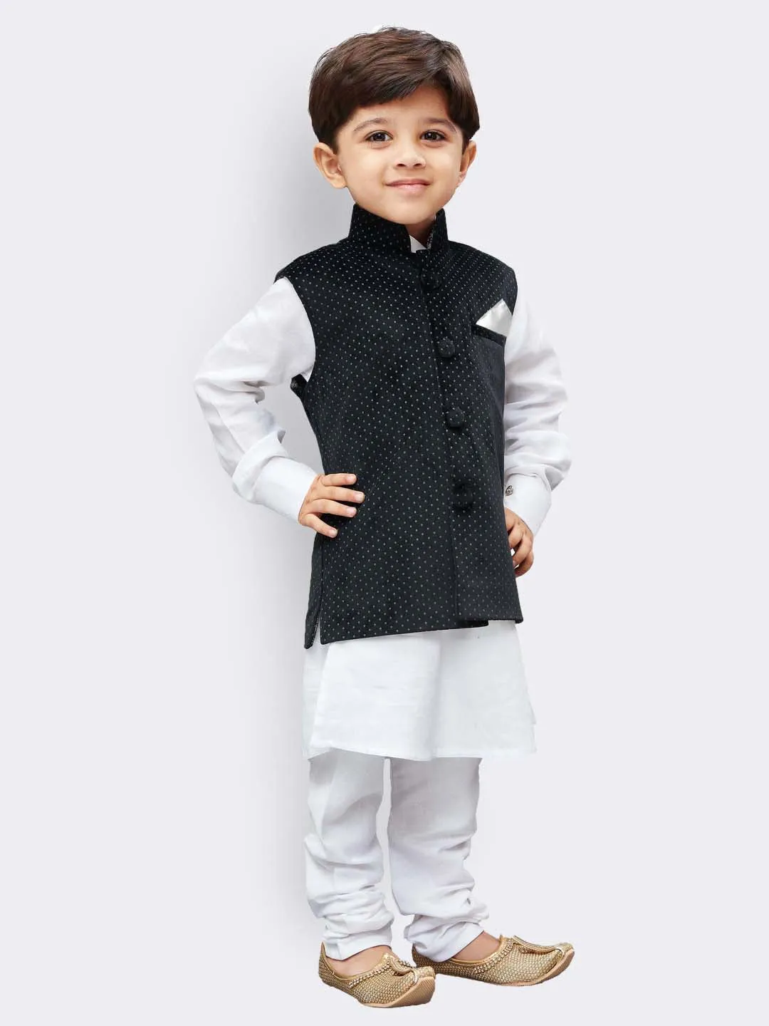 Jashvi Cotton White And Blue Baap Beta Jacket Kurta Pyjama set