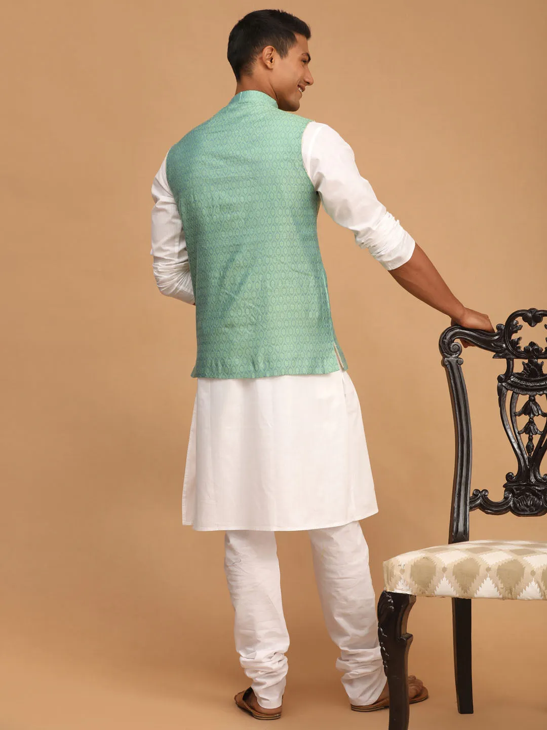 Jashvi Green Woven Jacket With White Kurta and Pyjama Baap Beta Set