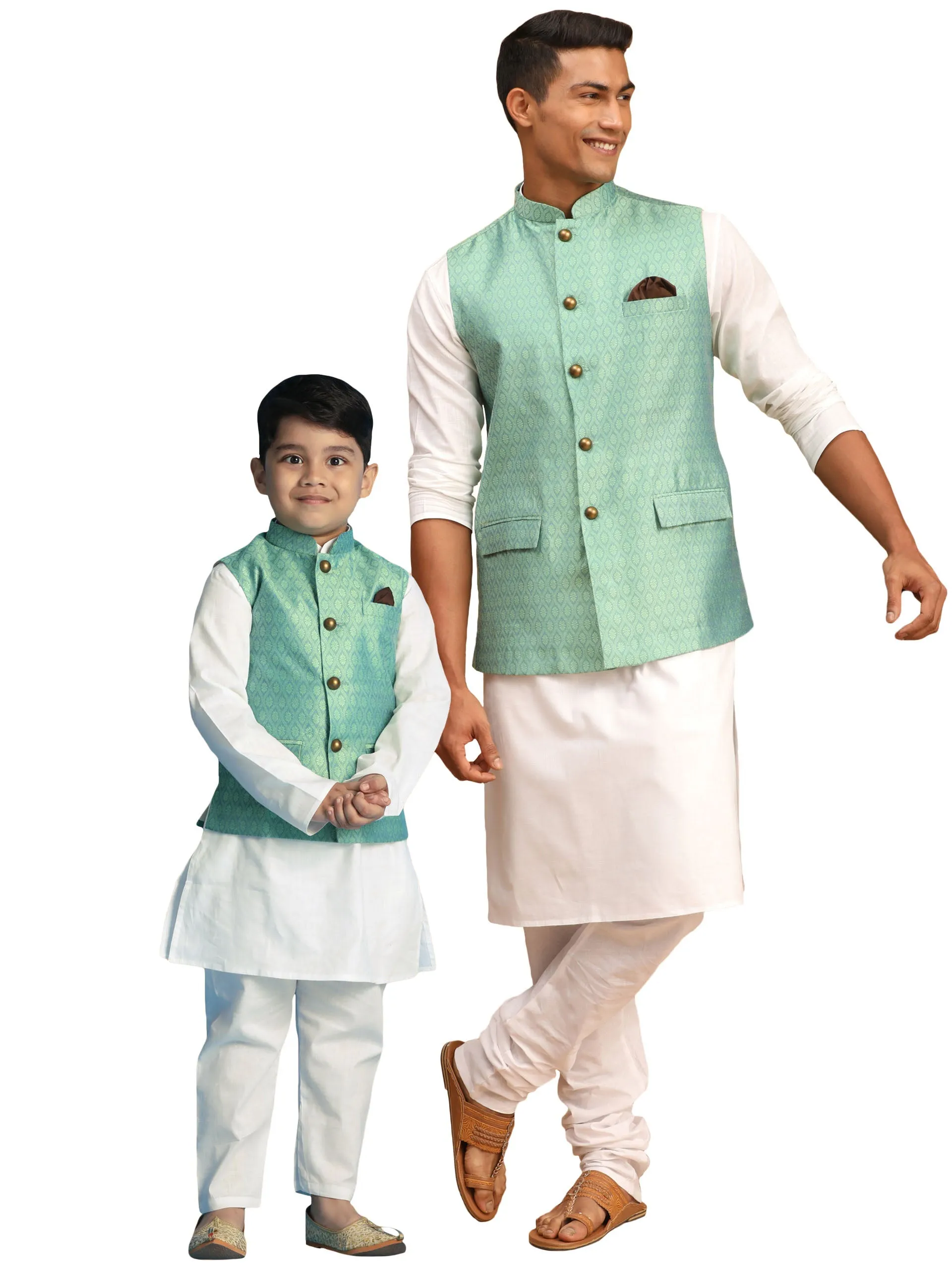 Jashvi Green Woven Jacket With White Kurta and Pyjama Baap Beta Set