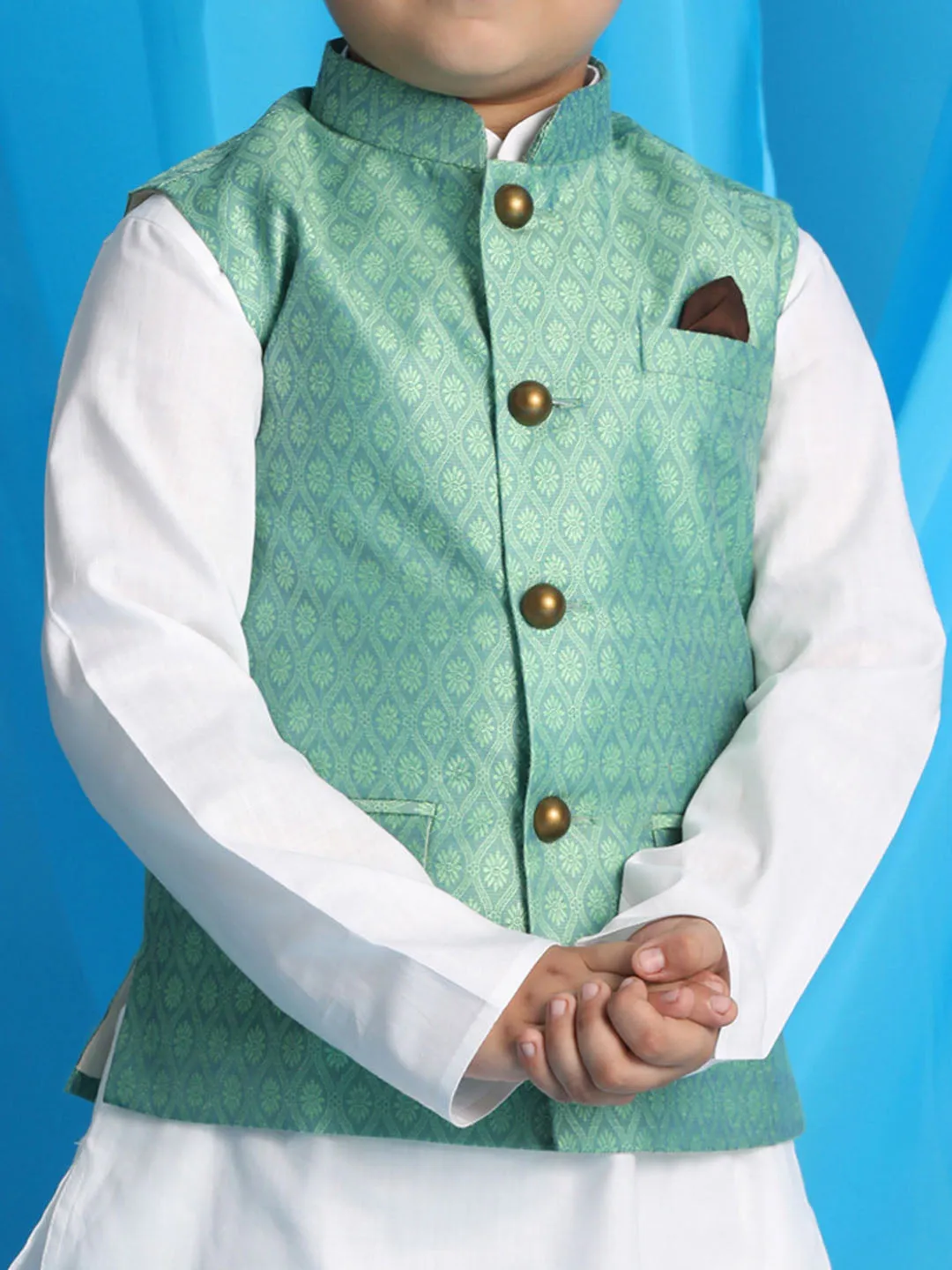 Jashvi Green Woven Jacket With White Kurta and Pyjama Baap Beta Set