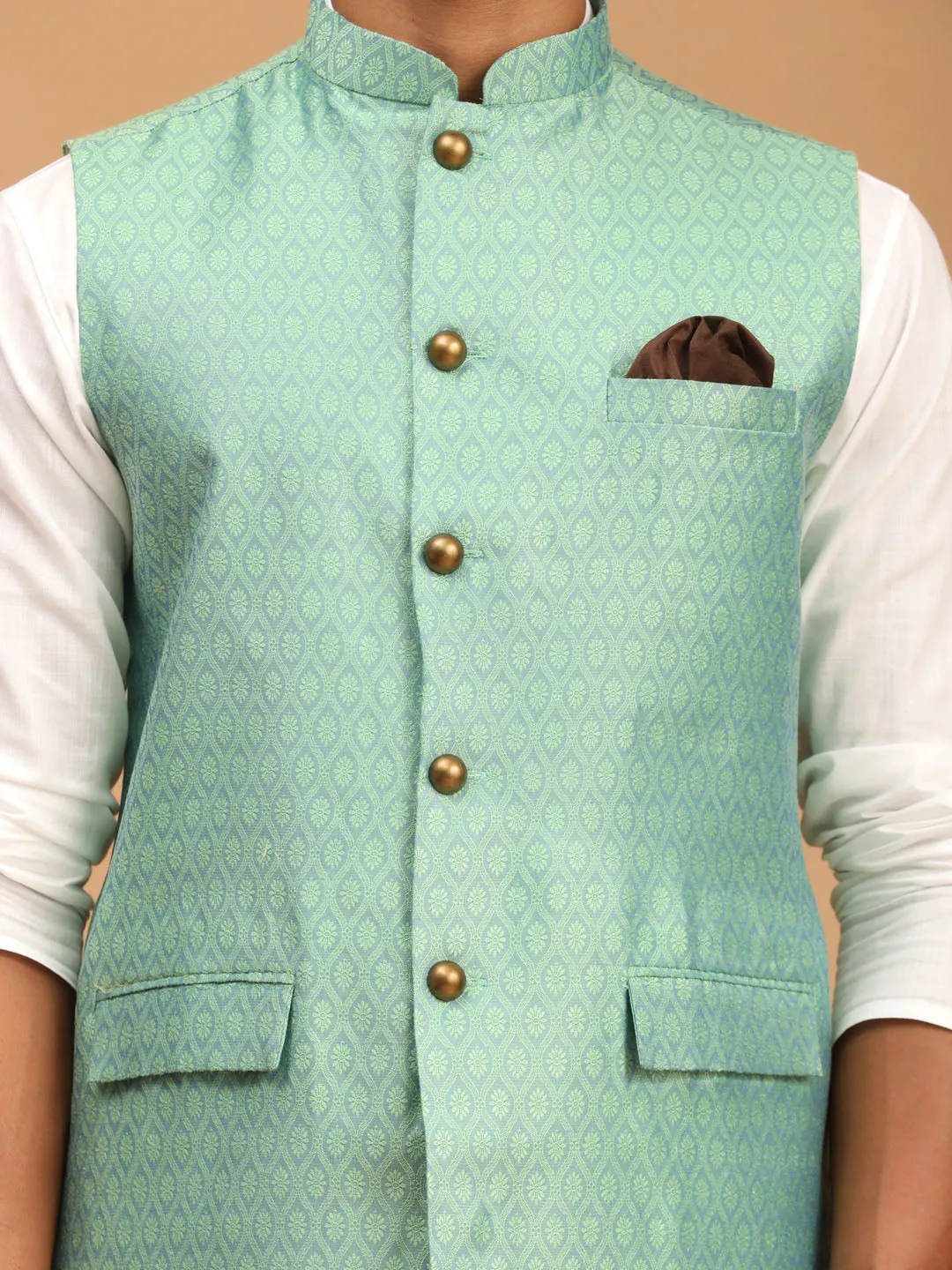 Jashvi Green Woven Jacket With White Kurta and Pyjama Baap Beta Set