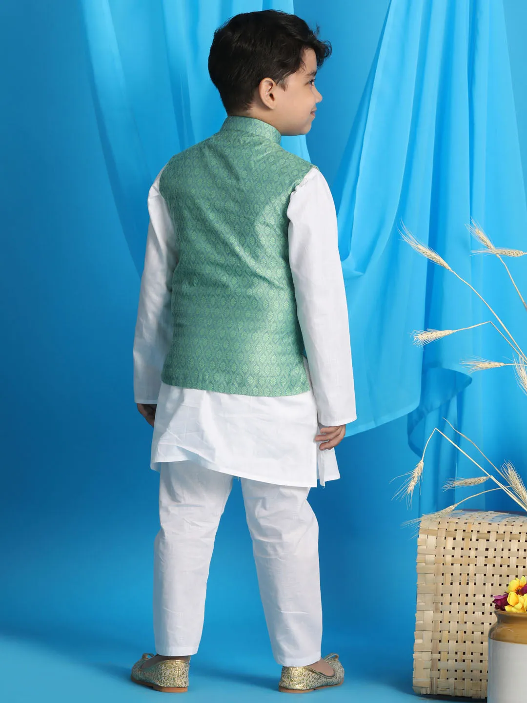 Jashvi Green Woven Jacket With White Kurta and Pyjama Baap Beta Set