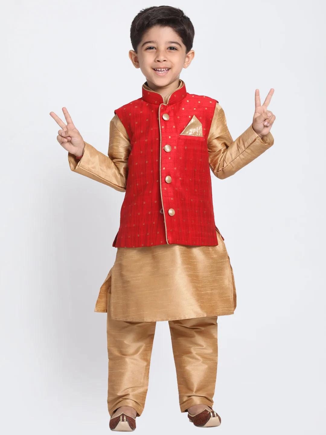 Jashvi Maroon and Rose Gold Silk Blend  Baap Beta Jacket Kurta Pyjama set