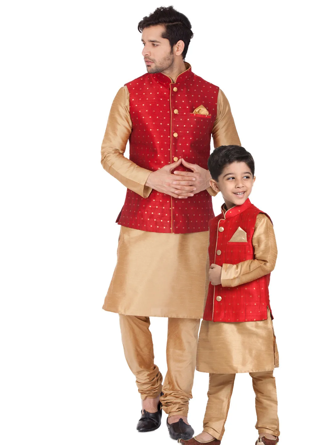 Jashvi Maroon and Rose Gold Silk Blend  Baap Beta Jacket Kurta Pyjama set