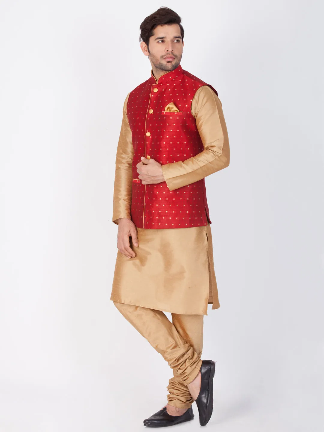 Jashvi Maroon and Rose Gold Silk Blend  Baap Beta Jacket Kurta Pyjama set