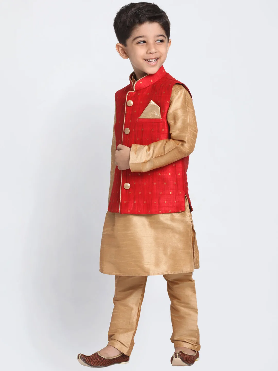 Jashvi Maroon and Rose Gold Silk Blend  Baap Beta Jacket Kurta Pyjama set