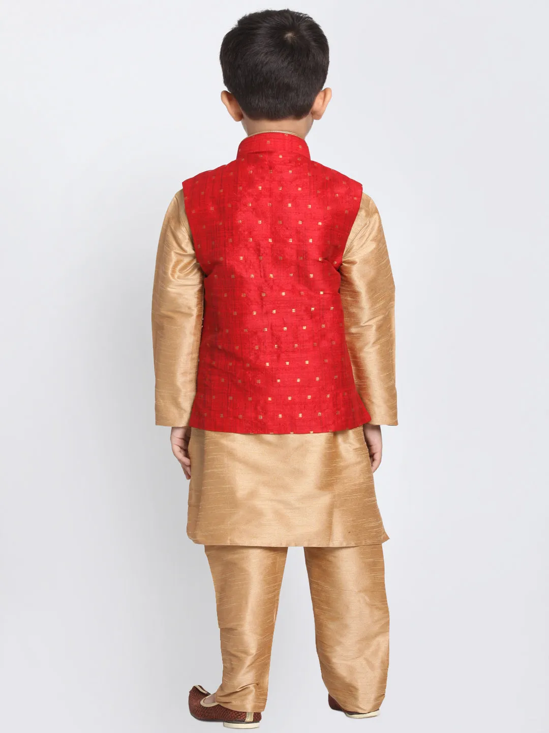 Jashvi Maroon and Rose Gold Silk Blend  Baap Beta Jacket Kurta Pyjama set