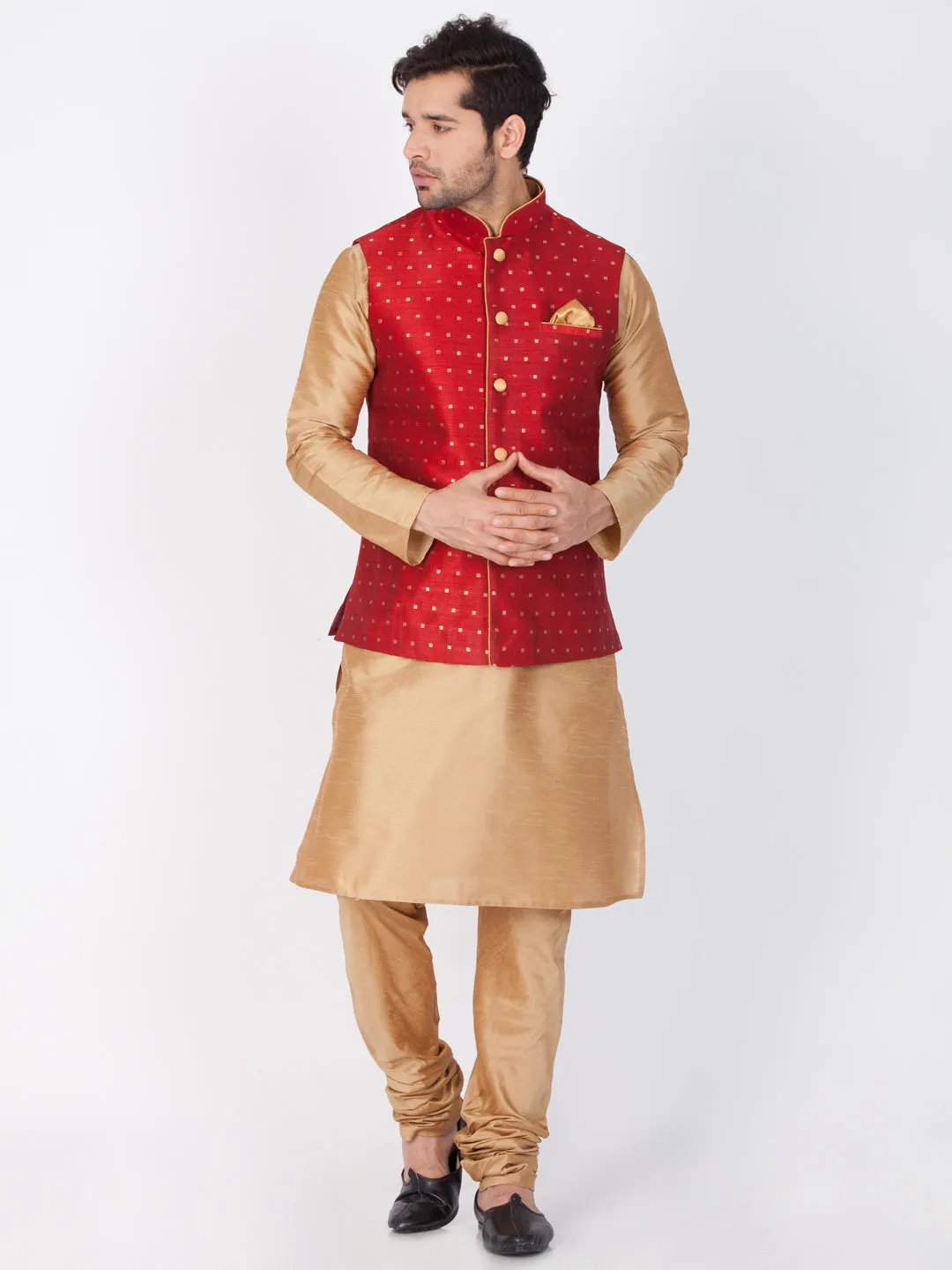 Jashvi Maroon and Rose Gold Silk Blend  Baap Beta Jacket Kurta Pyjama set