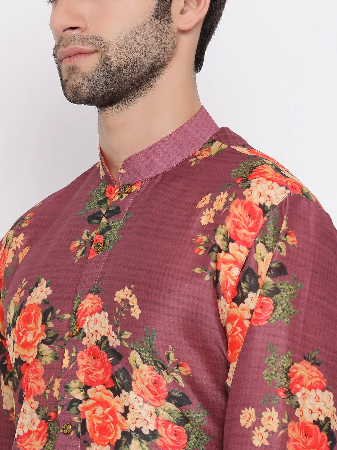 Jashvi Maroon Twill Jacket, Printed Kurta and Pyjama Set