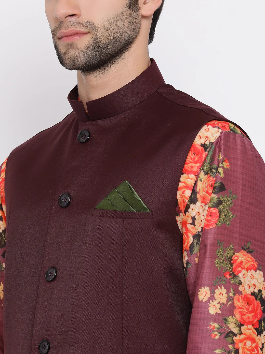 Jashvi Maroon Twill Jacket, Printed Kurta and Pyjama Set