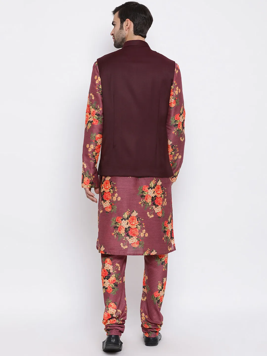 Jashvi Maroon Twill Jacket, Printed Kurta and Pyjama Set