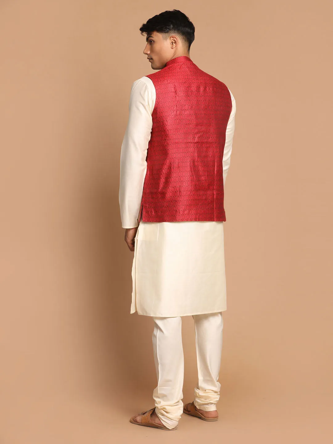 Jashvi Maroon Woven Jacket With Cream Kurta and Pyjama Baap Beta Set