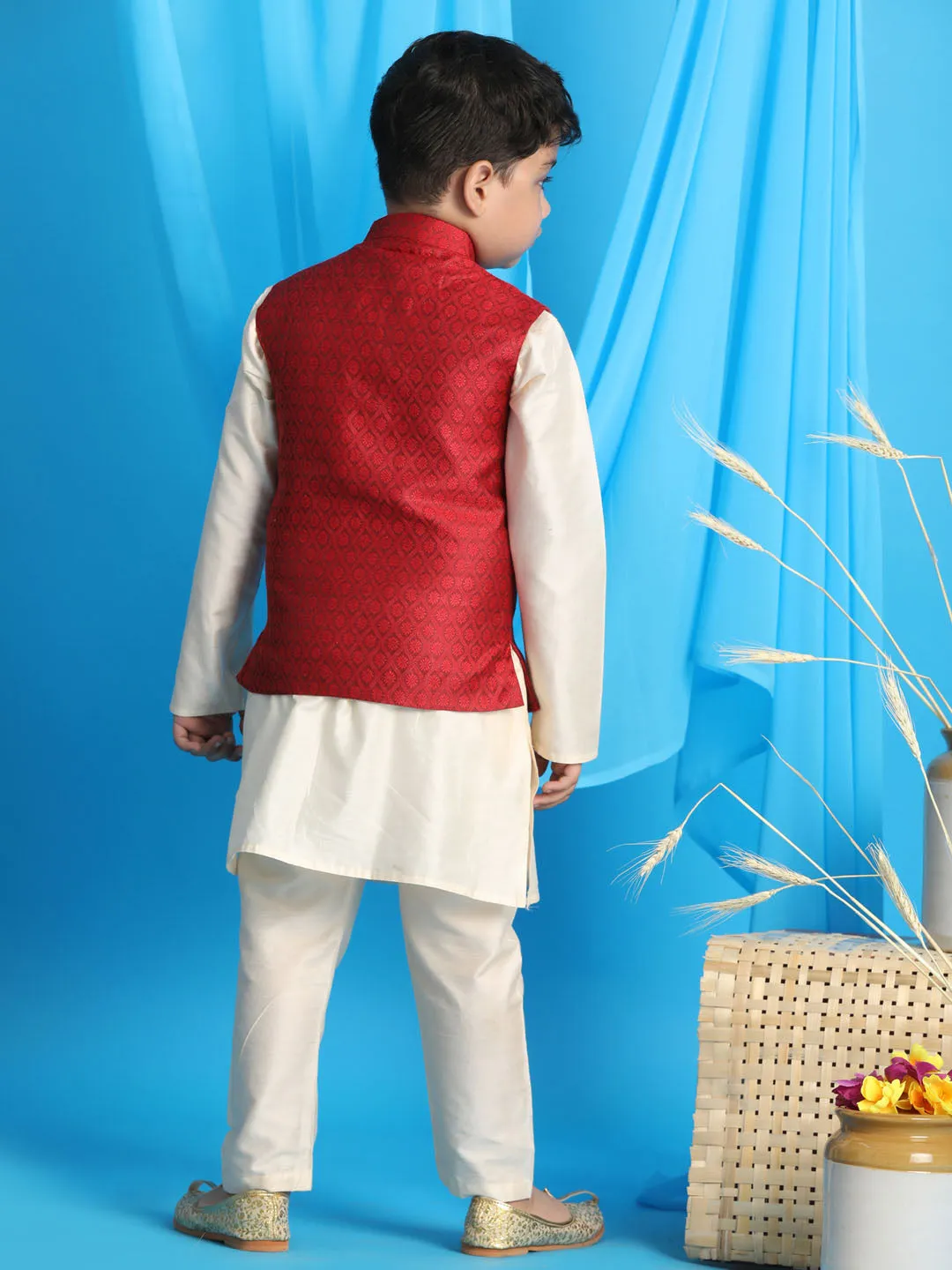 Jashvi Maroon Woven Jacket With Cream Kurta and Pyjama Baap Beta Set