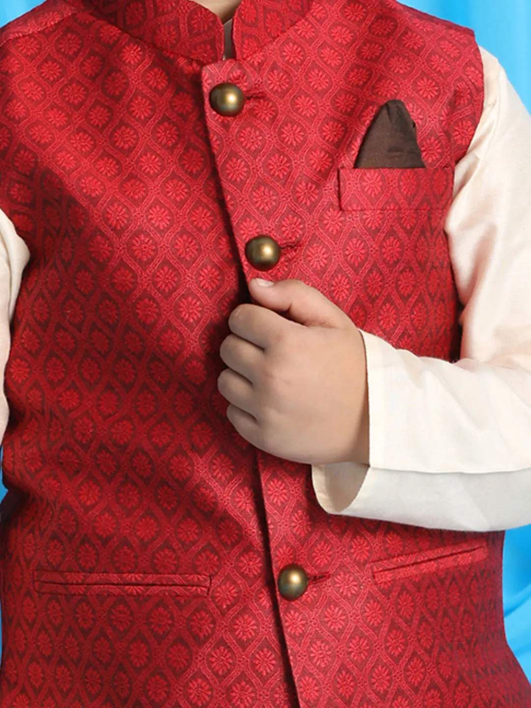 Jashvi Maroon Woven Jacket With Cream Kurta and Pyjama Baap Beta Set