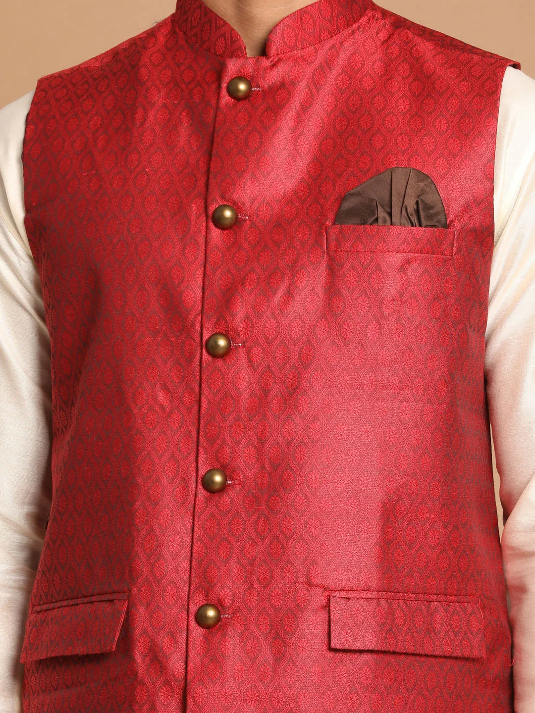 Jashvi Maroon Woven Jacket With Cream Kurta and Pyjama Baap Beta Set