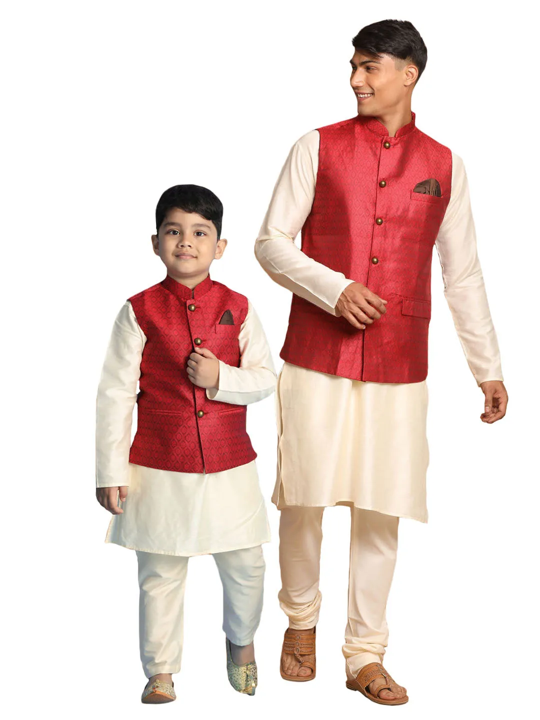 Jashvi Maroon Woven Jacket With Cream Kurta and Pyjama Baap Beta Set