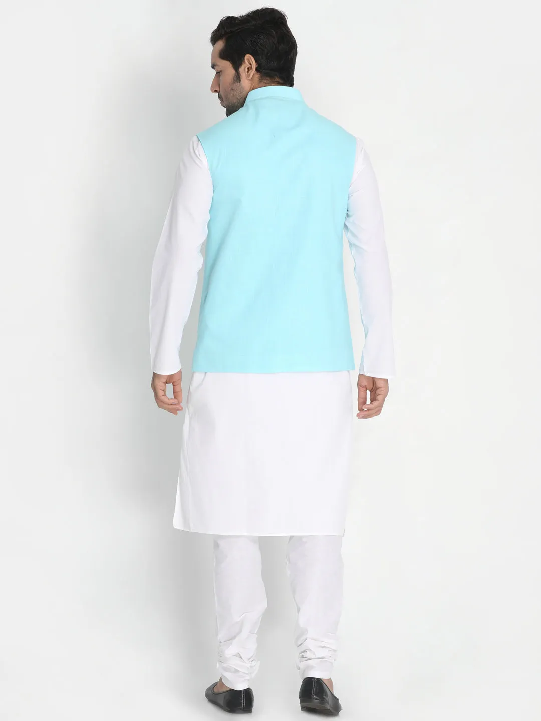 Jashvi Men's  Aqua Blue Ethnic Jacket and White Kurta Pyjama Set