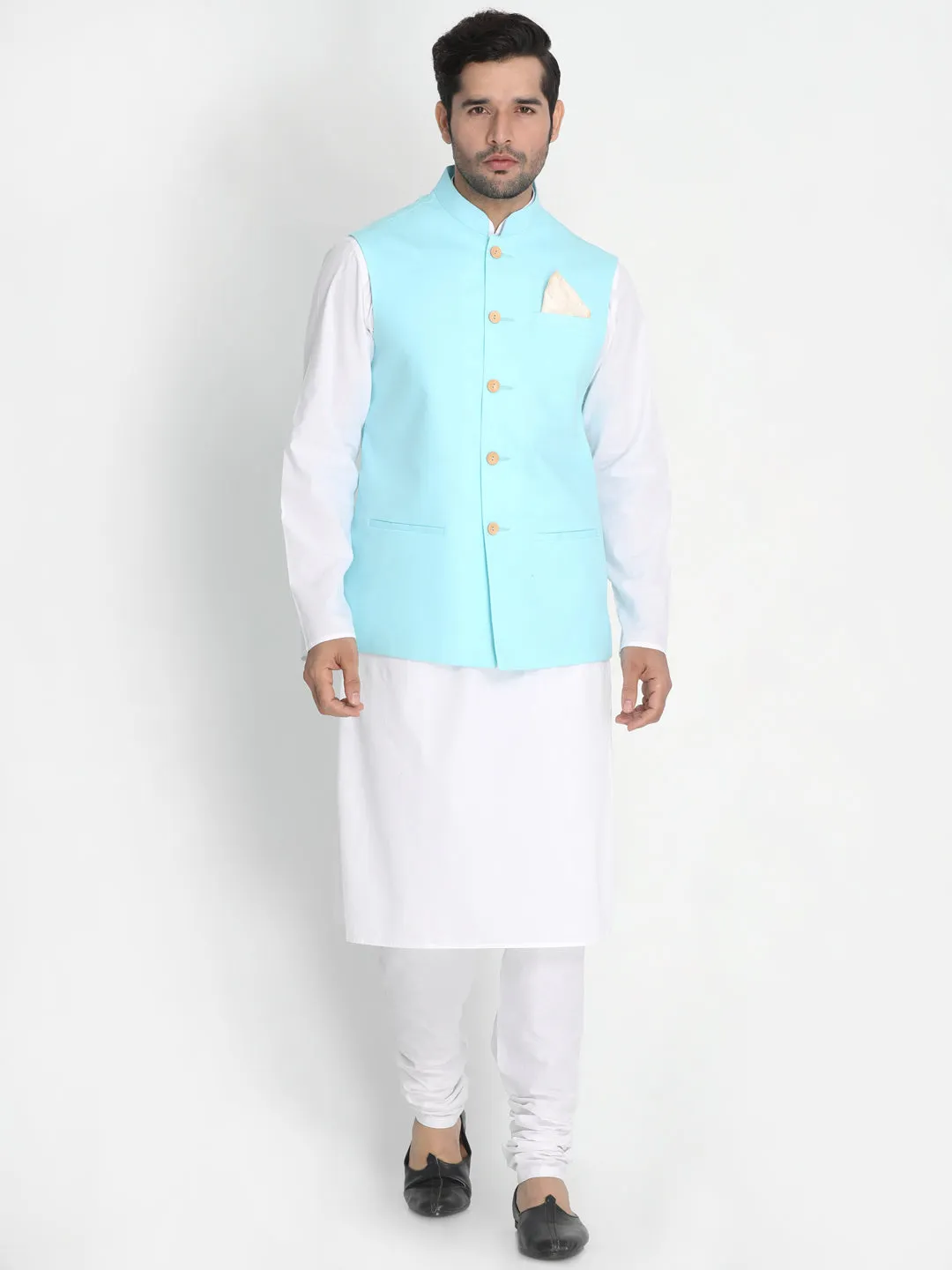 Jashvi Men's  Aqua Blue Ethnic Jacket and White Kurta Pyjama Set