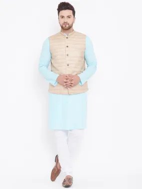 Jashvi Men's Beige, Aqua And White Cotton Blend Jacket, Kurta and Pyjama Set