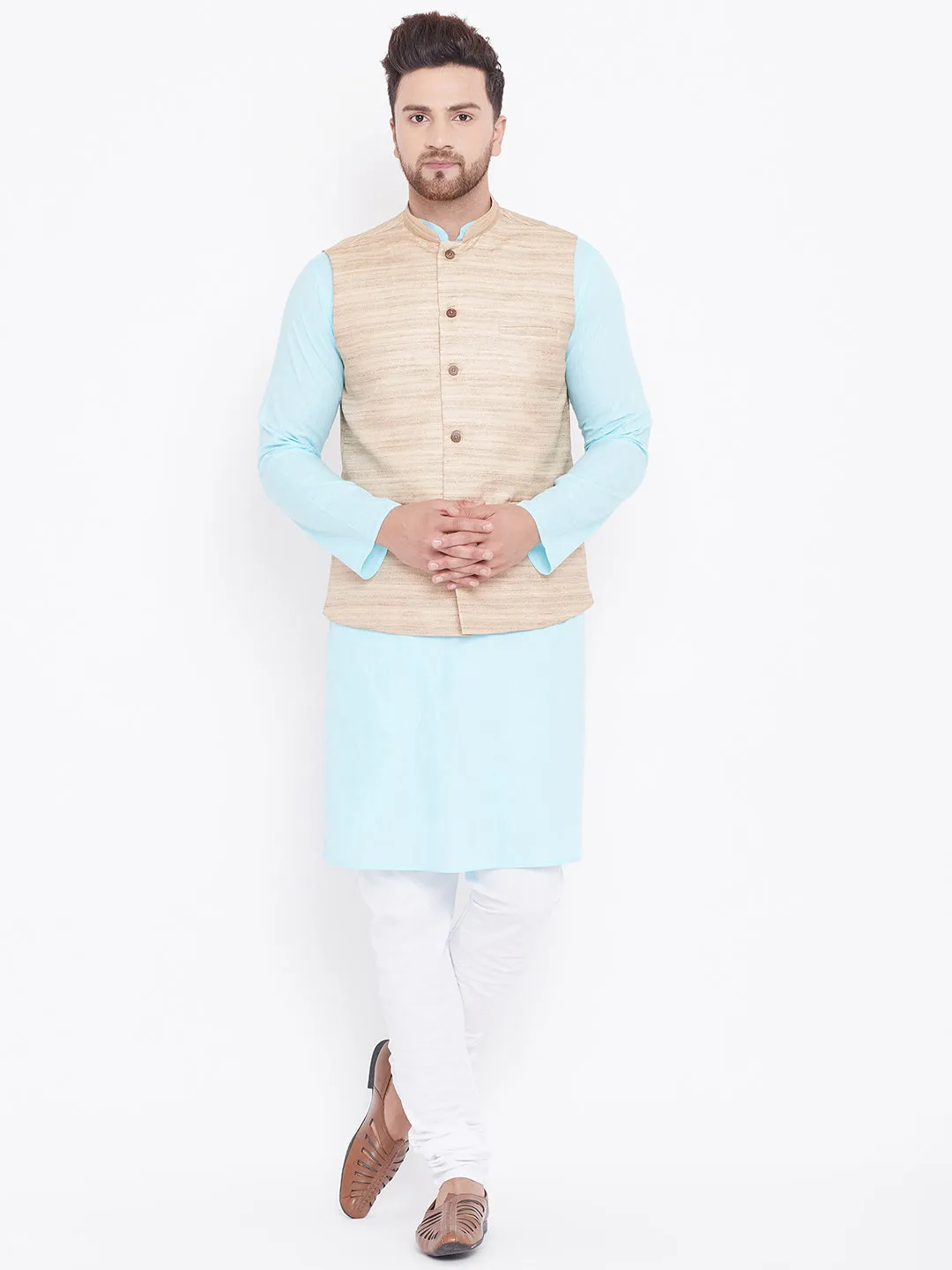 Jashvi Men's Beige, Aqua And White Cotton Blend Jacket, Kurta and Pyjama Set