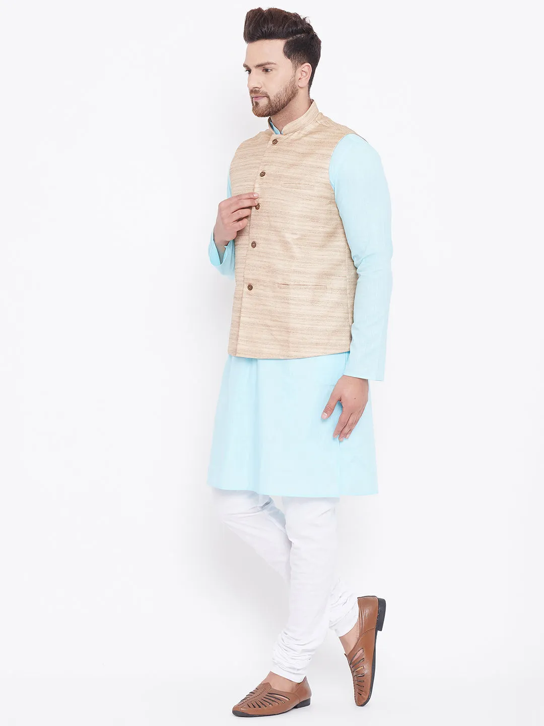 Jashvi Men's Beige, Aqua And White Cotton Blend Jacket, Kurta and Pyjama Set