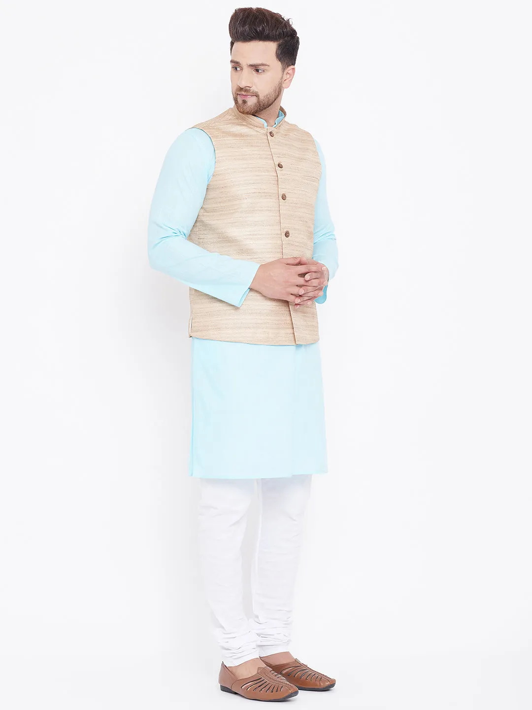 Jashvi Men's Beige, Aqua And White Cotton Blend Jacket, Kurta and Pyjama Set