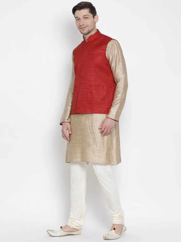 Jashvi Men's Beige Cotton Silk Blend Kurta, Ethnic Jacket and Pyjama Set