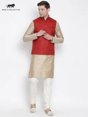 Jashvi Men's Beige Cotton Silk Blend Kurta, Ethnic Jacket and Pyjama Set