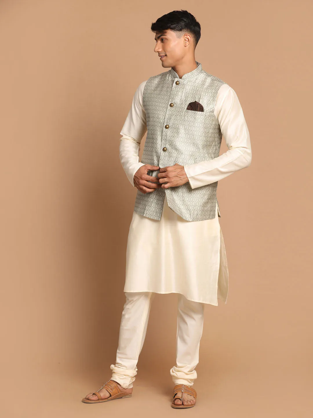 Jashvi Men's Beige Jacquard Nehru Jacket with Kurta Pyjama Set