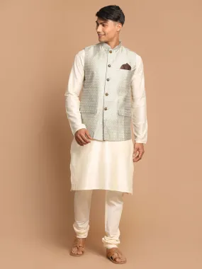 Jashvi Men's Beige Jacquard Nehru Jacket with Kurta Pyjama Set