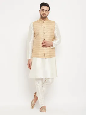 Jashvi Men's Beige Matka Silk Nehru Jacket With Cream Silk Blend Kurta and Pant style Pyjama Set