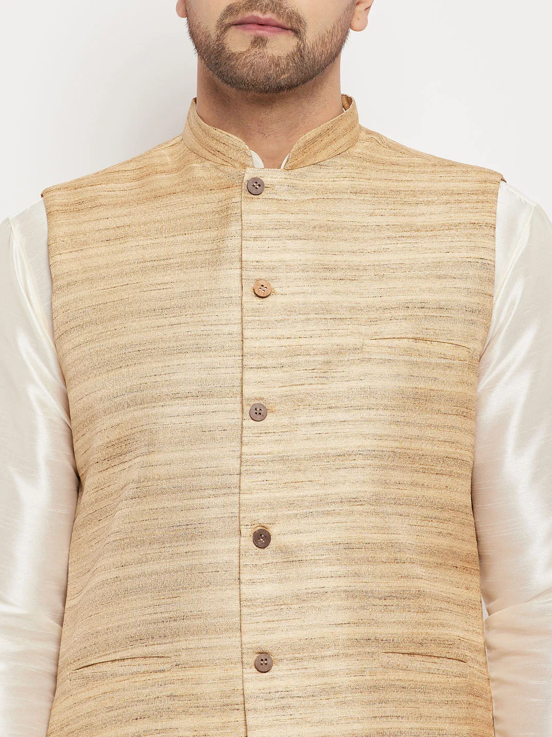 Jashvi Men's Beige Matka Silk Nehru Jacket With Cream Silk Blend Kurta and Pant style Pyjama Set