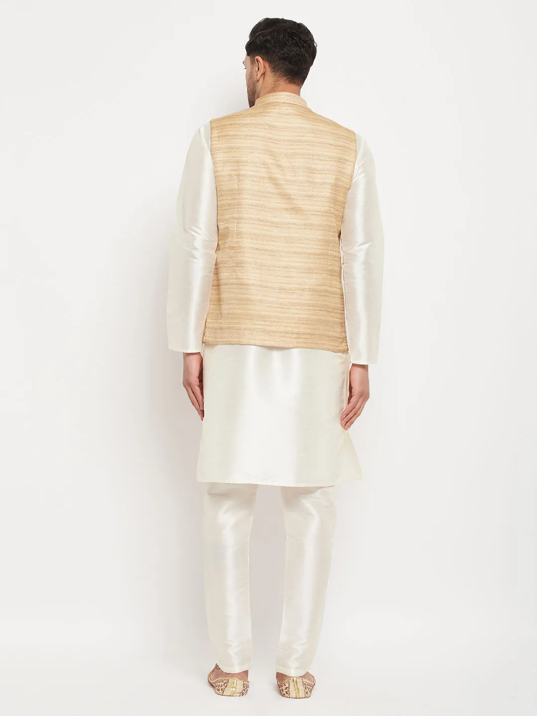 Jashvi Men's Beige Matka Silk Nehru Jacket With Cream Silk Blend Kurta and Pant style Pyjama Set