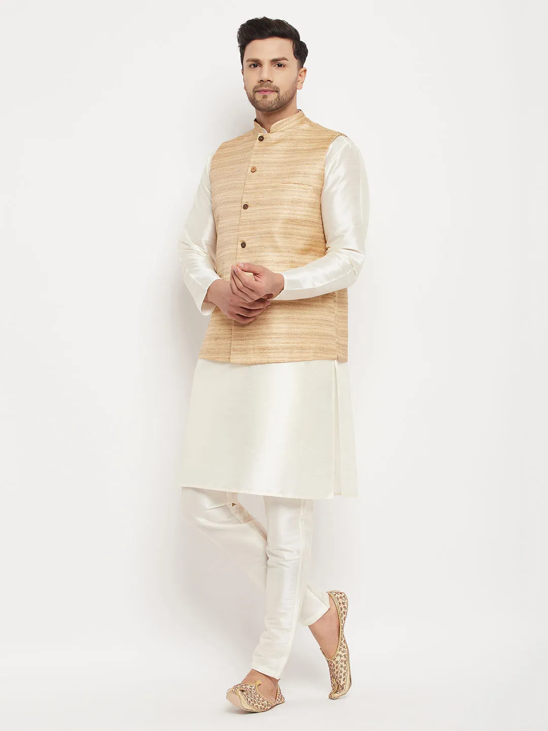 Jashvi Men's Beige Matka Silk Nehru Jacket With Cream Silk Blend Kurta and Pant style Pyjama Set