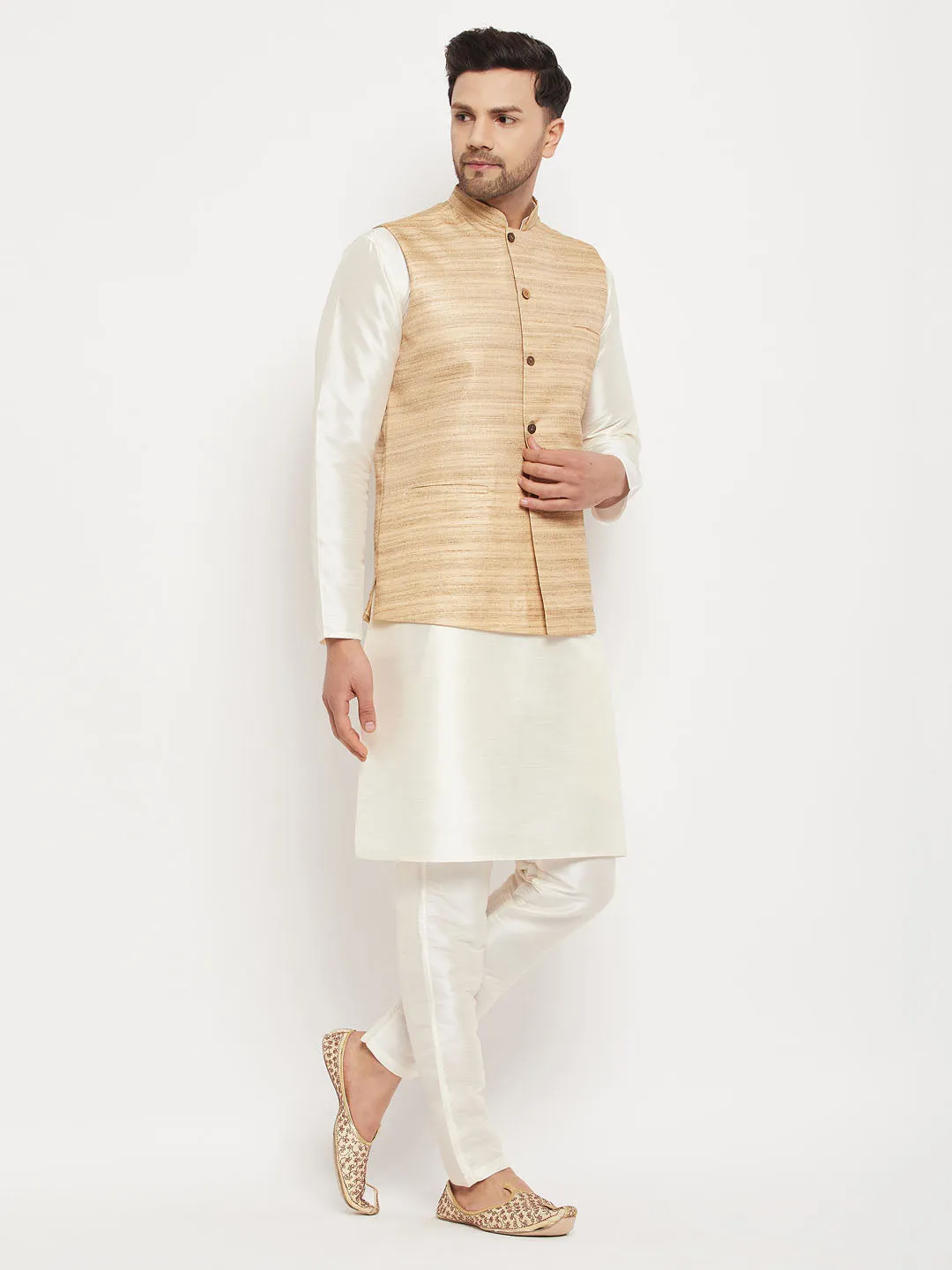 Jashvi Men's Beige Matka Silk Nehru Jacket With Cream Silk Blend Kurta and Pant style Pyjama Set